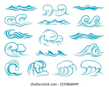 Sea and ocean wave icons, tsunami, surf waves. Isolated vector set of blue turquoise splashes, ripples, curling and breaking. Marine and nautical storm symbols, foamy swirls, tide wave elements