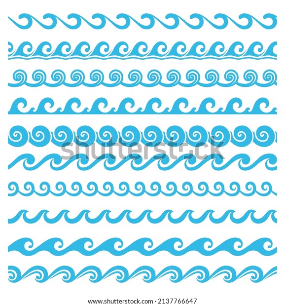Sea and ocean\
wave line dividers or borders. Curly and rounded water waves\
minimalist vector ornaments, nautical or summer marine aqua linear\
separators, simple wavy\
patterns