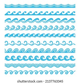 Sea and ocean wave line patterns. Water wavy splashes minimalist vector ornaments. Nautical borders, aqua dividers or decorative separators with simple blue wave swirls ornaments