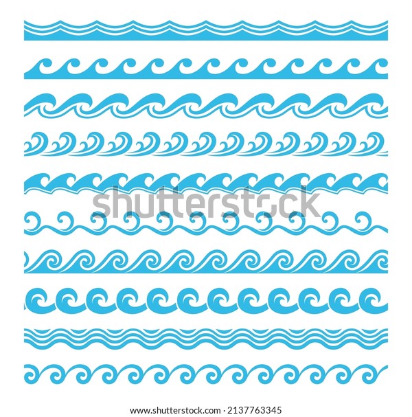 Sea and ocean wave\
line patterns. Water wavy splashes minimalist vector ornaments.\
Nautical borders, aqua dividers or decorative separators with\
simple blue wave swirls\
ornaments
