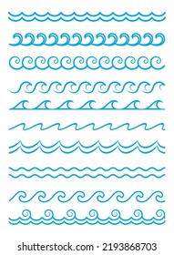 Sea and ocean wave lines, blue water surf borders and frames, vector marine pattern. Blue water wave ripples and tidal curves or curls of flowing aqua, marine wavy ripple line border frames