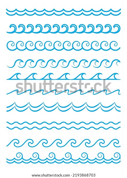 Sea and ocean wave lines, blue water surf borders\
and frames, vector marine pattern. Blue water wave ripples and\
tidal curves or curls of flowing aqua, marine wavy ripple line\
border frames