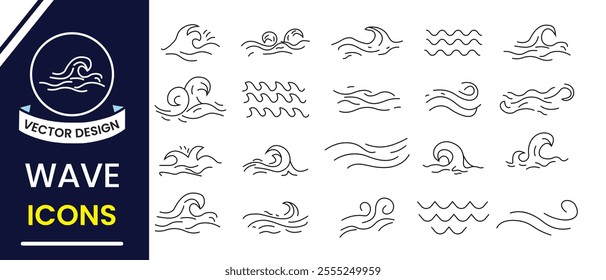 Sea, ocean wave, river line wave icon,  splash, tsunami symbol, vector illustration.  Wave icon, vector. Water sign and symbol design.  Tsunami, nautical tide, storm.