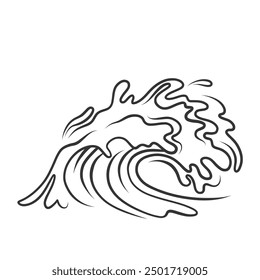 Sea or ocean wave with saltwater splashes icon, doodle tsunami surge. Retro simple wild storm surf motion and wind. Nature, seascape mascot, hand drawn big wave contour icon vector illustration