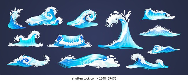 Sea ocean wave set. Blue water ocean waves, marine surf wave, ripples tides sea storm, tsunami, tidal different shapes, splash water motion with spray isolated vector cartoon illustration