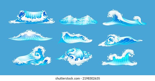 Sea ocean wave set. Blue water ocean waves, marine surf wave, ripples tides sea storm, tsunami, tidal different shapes, splash water motion with spray isolated vector cartoon illustration