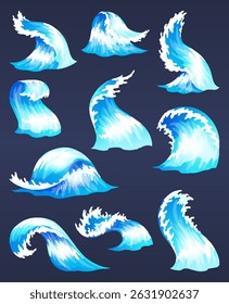 Sea ocean wave set. Blue water ocean waves, marine surf wave, ripples tides sea storm, tsunami, tidal different shapes, splash water motion with spray isolated vector cartoon illustration