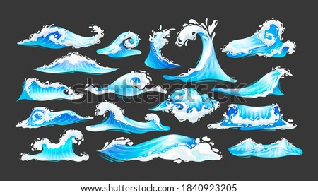 Sea ocean wave set. Blue water ocean waves, marine surf wave, ripples tides sea storm, tsunami, tidal different shapes, splash water motion with spray isolated vector cartoon illustration