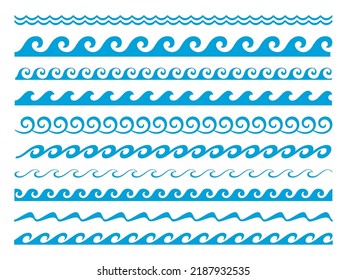 Sea and ocean wave water borders and frames. Water wave marine decoration, river or sea water flow frame isolated borders, blue wave line patterns, frame vector divider