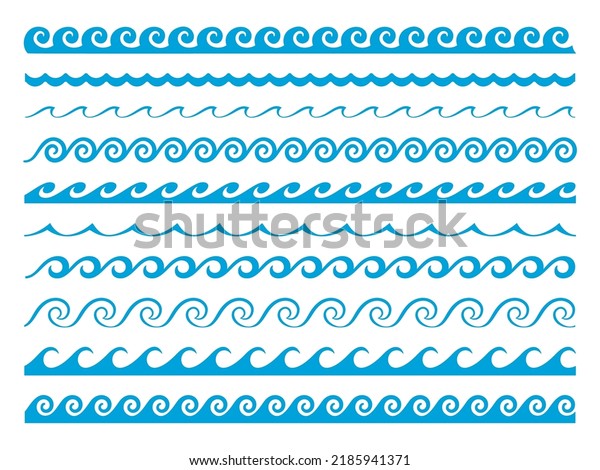 Sea and ocean wave\
water borders and frames separator. Blue wave line patterns set,\
river, ocean or sea water flow frame abstract divider and water\
wave vector line\
decorations