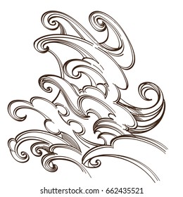 Sea or ocean wave, water splash. Hand drawn, sketch style. Outline vector illustration isolated on white background.