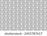 Sea or ocean waves background. Traditional asian seigaiha pattern. Scallops print. Fish squama or dragon scale. Simple geometric black and white archs ornament. Vector graphic illustration.