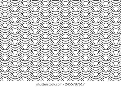 Fondo del mar o de las olas del océano. Patrón de seigaiha asiática tradicional. Estampado de vieiras. Escama de pez o escama de dragón. Arcos geométricos simples en blanco y negro. Ilustración gráfica Vector.