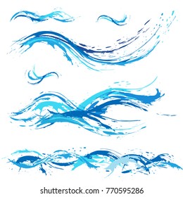 Sea and ocean waves, blue  paint blot, splashes, drops
