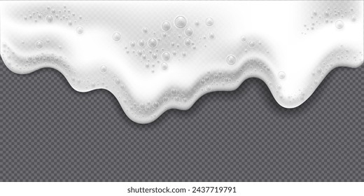 Sea or ocean waves, cleaning detergent spume, or beer or shampoo foam isolated on a transparent background. Realistic 3d vector illustration