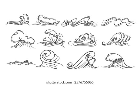 Sea and ocean waves doodle icons set. Outline sketches of various storm waves and ripples, surf. Wild nature mascot, hand drawn wavy water currents and surges icons collection vector illustration