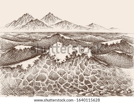 Sea or ocean waves drawing. Sea view, waves breaking, water splash, mountains in the background