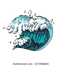 sea ocean waves hand drawn vector. water surf beach, summer storm, blue splash, marine tide sea waves sketch. isolated color illustration