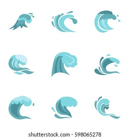 Sea or ocean waves icons set. Flat illustration of 9 sea or ocean waves vector icons for web