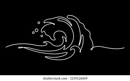 sea ocean waves line art illustration. Contour line and continuous drawing vector water wave isolated on black background