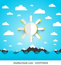 Sea, Ocean Waves with Paper Cut Sun on Blue Sky with Clouds