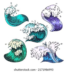 las olas oceánicas marinas son un vector dibujado a mano. playa de surf acuática, tormenta de verano, salpicaduras azules, boceto marino de olas oceánicas. ilustración de color aislado