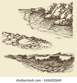 Sea and ocean waves, sea shore design elements