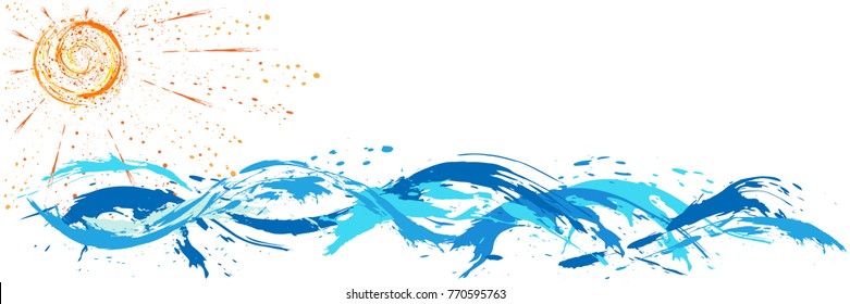 Sea and ocean waves, sun,  paint blot, splashes, drops
