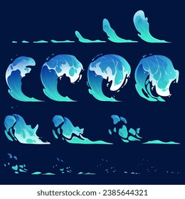 Meer- oder Ozeanwellen und Schwirl. Blaues Wasser, Bewegungseffekte, Ströme, Verschüttungen und Kronenform einzeln auf Hintergrund, 
Flüssiges Wasser spritzt Vektorkarikaturen-Set.