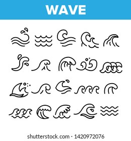 Sea And Ocean Waves Vector Linear Icons Set. Water Splashes, Wave With Foam Outline Symbols Pack. Surfing And Water Sport. Swimming And Sailing. River, Aqua Isolated Contour Illustrations