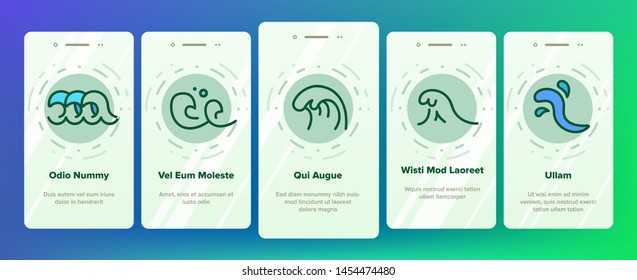 Sea And Ocean Waves Vector Onboarding Mobile App Page Screen. Water Splashes, Wave With Foam. Surfing And Water Sport. Swimming And Sailing. River, Aqua Illustrations