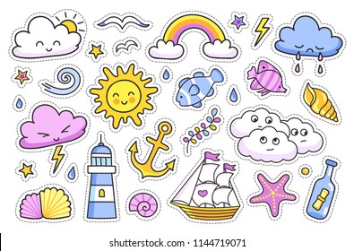 Sea, ocean and weather stickers set. Collection of vector funny summer stickers. Clouds, sun, rainbow, anchor, lighthouse, fish.