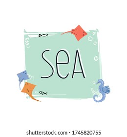 Sea Or Ocean Wildlife Inhabitants Banner Template With Stingray Skate Fish And Seahorse, Bubbles And Sea Grass Bed. Fun Hand Drawn Vector Illustration On Isolated Background.