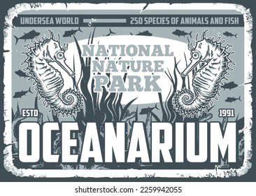 Sea oceanarium flyer vintage monochrome with seahorses to aquarium for signage or tickets to marine fauna natural park vector illustration