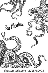 Sea octopus Background. Engraved hand drawn in old sketch, vintage creature. Nautical or marine, monster. Animal in the ocean. Template for logos, labels and emblems. Banner poster template.