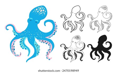 Sea octopus cartoon hand drawn sign set. Ocean cute octopus underwater swimming animal with tentacles flat silhouette, symbol linear design. Comic marine animal for children vector illustration