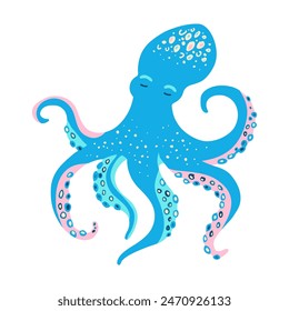 Sea octopus cartoon vector illustration art. Ocean cute octopus underwater swimming animal with tentacles funny kids flat design. Comic cute drawing marine animal for children isolated on background