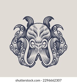 Pulpo marino. La mano grabada dibujada en el viejo boceto, criatura vintage. Náutica o marina, monstruo. Animal en el océano. Plantilla para logotipos, etiquetas y emblemas.