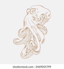 Sea octopus. Engraved hand drawn in old sketch, vintage creature. Nautical or marine, monster. Animal in the ocean. Template for logos, labels and emblems