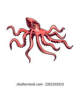 Sea octopus. Maritime and nautical element illustration. Vintage design with sea animals, ship, wave, anchor, pipe and bell isolated vector. Marine objects and accessories