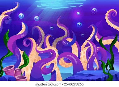 Sea octopus. Monster big squid. Scary underwater animal. Cthulhu tentacles. Fantasy cephalopod creature. Kraken spiral limbs. Ocean creepy bottom. Cute cartoon seafood. Vector tidy undersea background