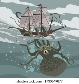 sea octopus monster kraken attacking a ship