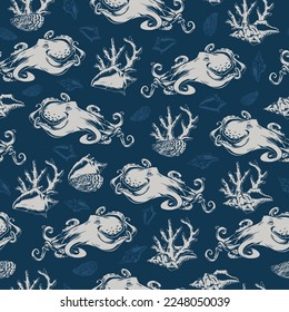 Sea octopus pattern seamless monochrome with underwater animal with long tentacles lurking at bottom of ocean among shells vector illustration