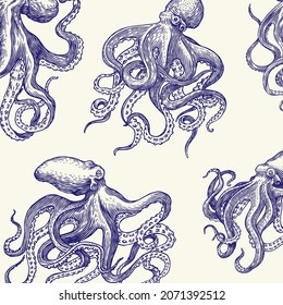 Sea octopus Seamless pattern. Engraved hand drawn in old sketch, vintage creature. Nautical or marine, monster. Animal in the ocean. Template for logos, labels and emblems.