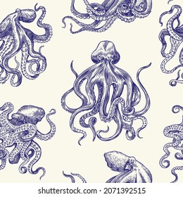 Sea octopus Seamless pattern. Engraved hand drawn in old sketch, vintage creature. Nautical or marine, monster. Animal in the ocean. Template for logos, labels and emblems.