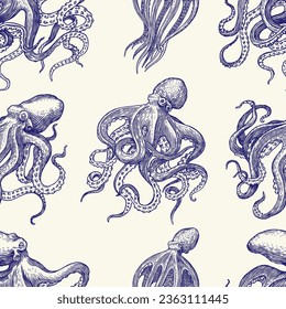 Sea octopus Seamless pattern. Engraved hand drawn in old sketch, vintage creature. Nautical or marine, monster. Animal in the ocean. Template for logos, labels and emblems.