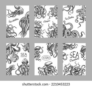 Sea octopus set. Sea creature Background. Engraved hand drawn in old sketch, vintage creature. Nautical or marine, monster. Template for logos, labels and emblems. Banner poster template.