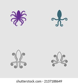 sea ​​animal octopus, underwater sea creature with and long tentacles. Water kraken, cephalopod character with big eyes and antennae in various poses, isolated vector set