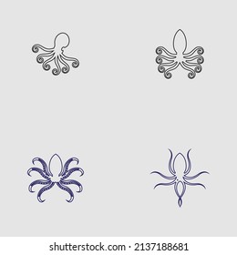 sea ​​animal octopus, underwater sea creature with and long tentacles. Water kraken, cephalopod character with big eyes and antennae in various poses, isolated vector set