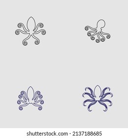 sea ​​animal octopus, underwater sea creature with and long tentacles. Water kraken, cephalopod character with big eyes and antennae in various poses, isolated vector set